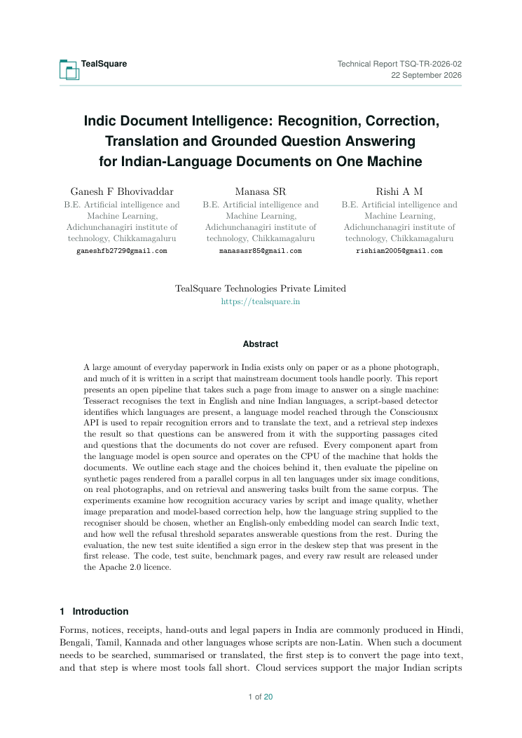 First page of the Indic Document Intelligence report